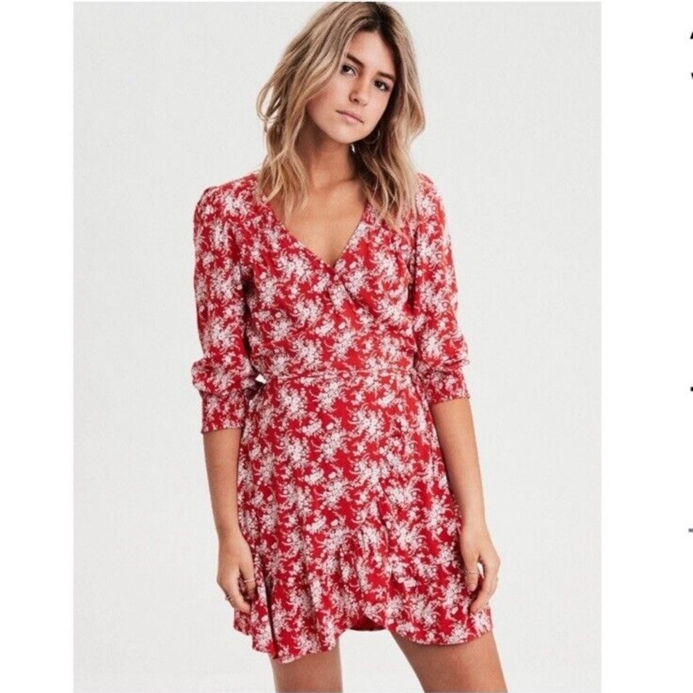 American Eagle Floral Wrap Dress Long Sleeve Ruffle Hem Smocked Detail